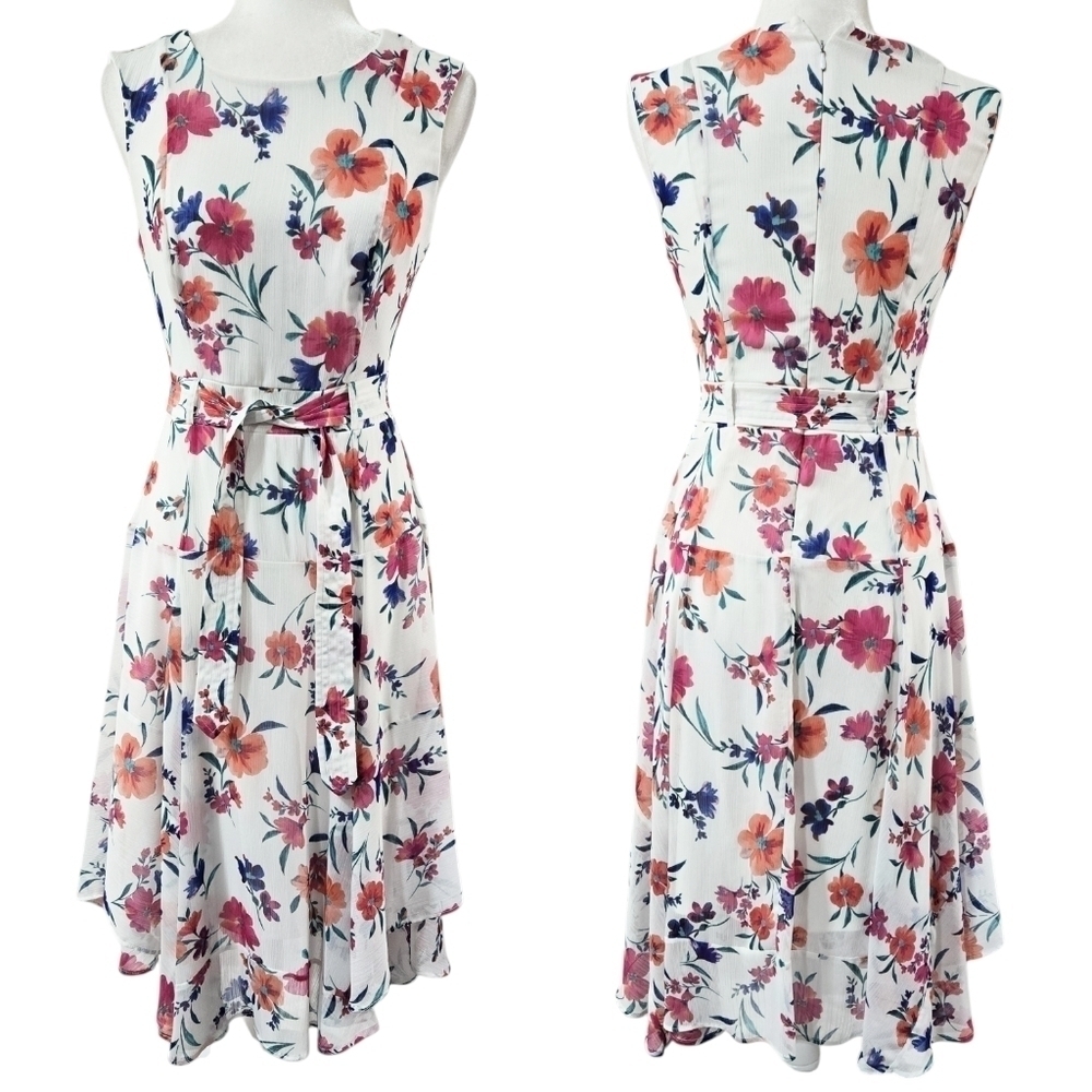 Calvin Klein White Floral Chiffon Belted Midi Dress Romantic Wedding Guest